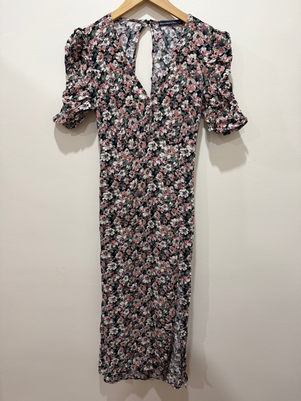 Abercrombie & Fitch Black Floral Midi Dress with Pink and Cream Blooms - Picture 2 of 11